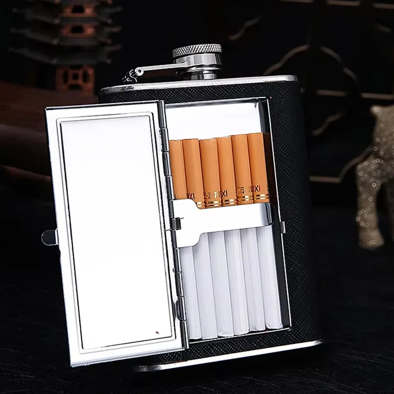 Pocket Whiskey Vodka Flasks for Alcohol with Cigarette Case Stainless Steel Portable Creative Alcohol Bottle Groomsmen Gift 6 Oz