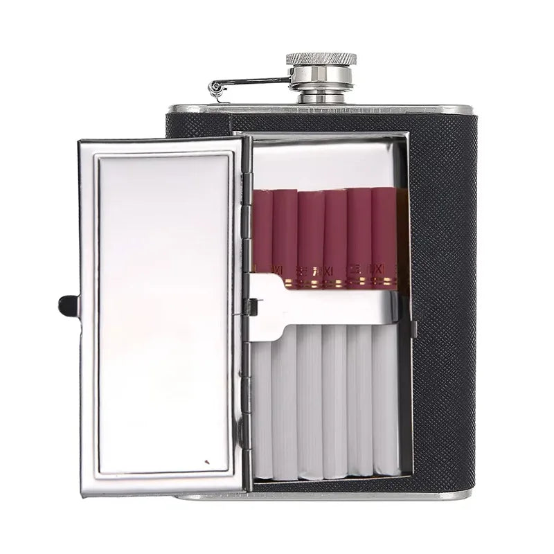 Pocket Whiskey Vodka Flasks for Alcohol with Cigarette Case Stainless Steel Portable Creative Alcohol Bottle Groomsmen Gift 6 Oz