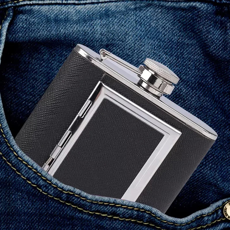 Pocket Whiskey Vodka Flasks for Alcohol with Cigarette Case Stainless Steel Portable Creative Alcohol Bottle Groomsmen Gift 6 Oz